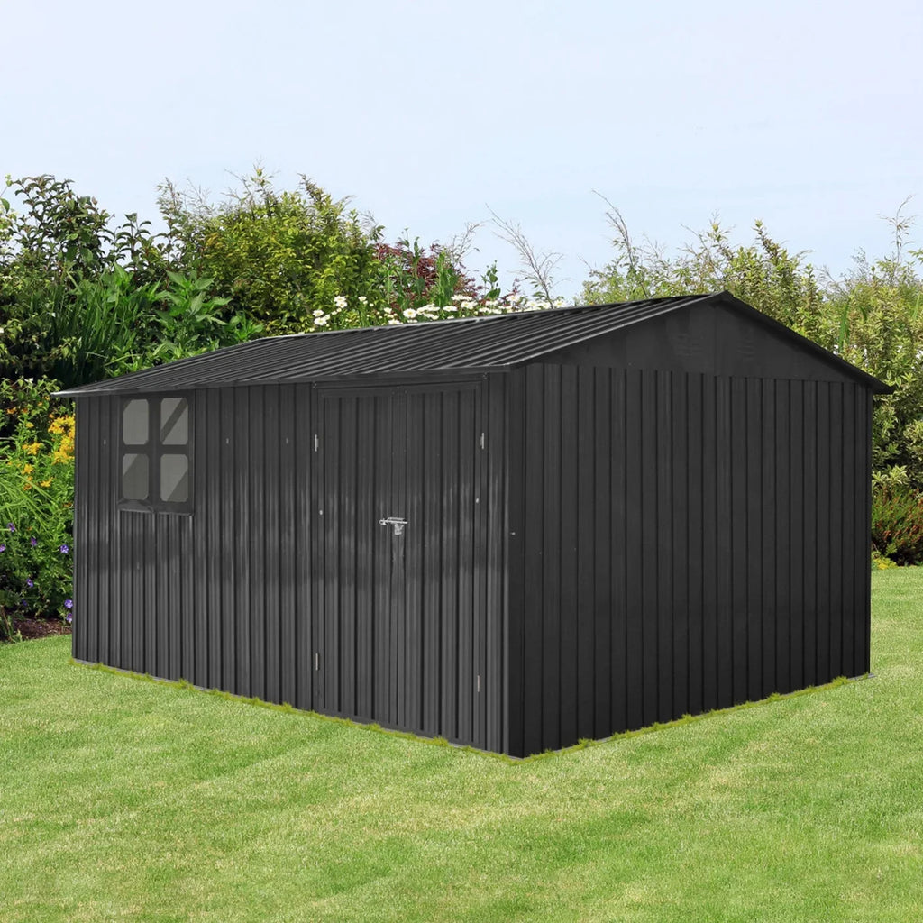 10x12 FT Outdoor Storage Shed, Metal Garden Tool Shed with Vents, Window and Bulit-in Hooks, Waterproof Organization for Home/Backyard/Garden Tools/Lawn Storage, Yellow+White