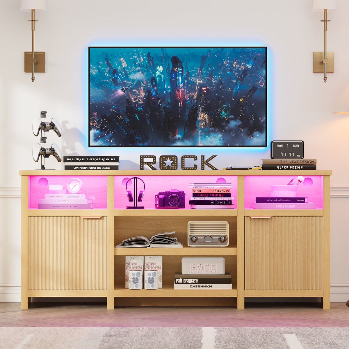 Planntonneo Mid-Century Modern Fluted TV Stand Wooden Media Console Entertainment Center for Living Room, Walnut Color