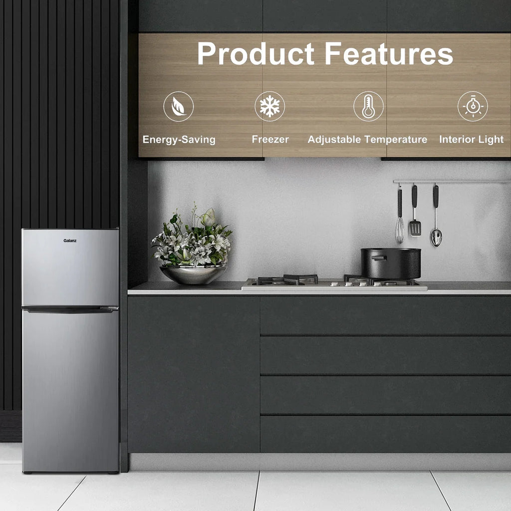 Galanz 4.6. Cu ft Two Door Mini Refrigerator with Freezer, Stainless Steel, New, Width 19.13"