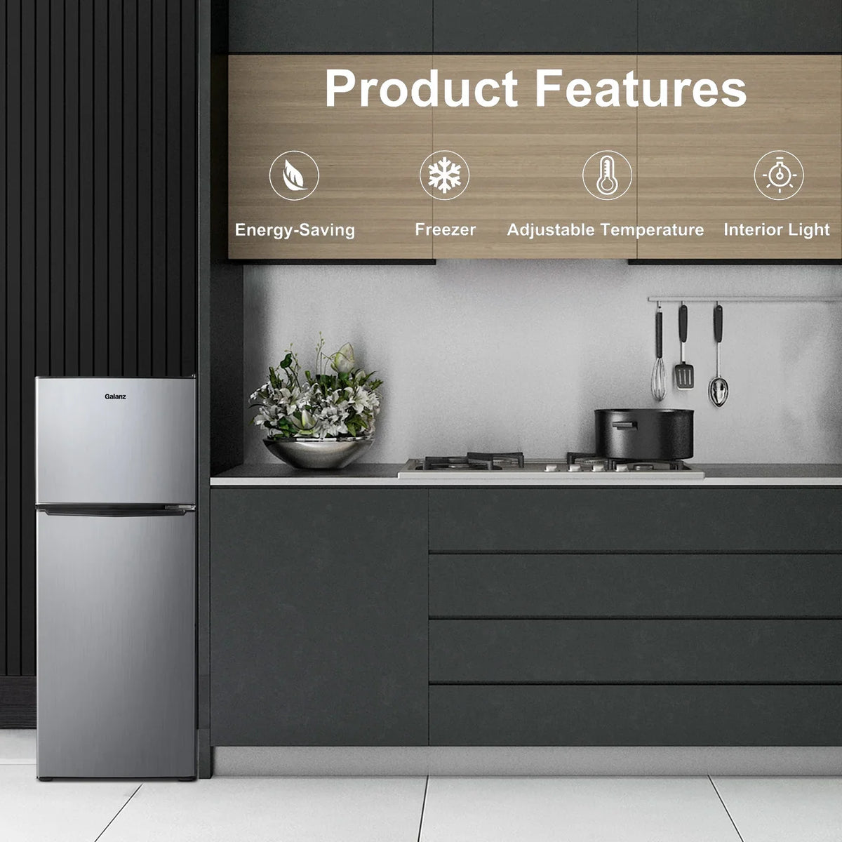 Galanz 4.6. Cu ft Two Door Mini Refrigerator with Freezer, Stainless Steel, New, Width 19.13"