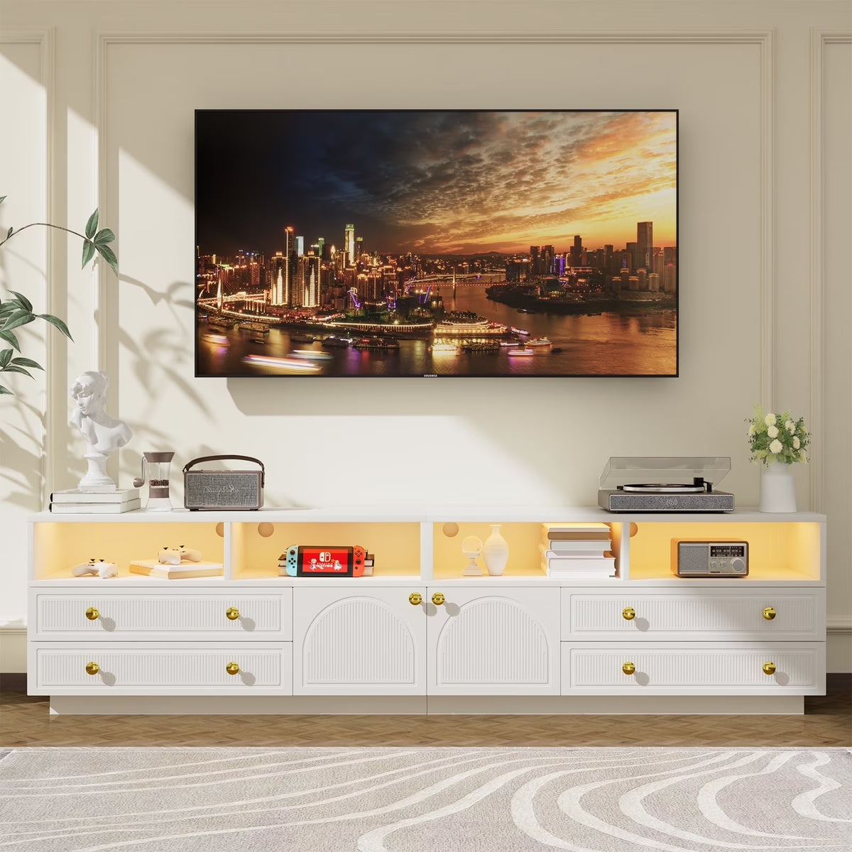 Planntonneo Mid-Century Modern Fluted TV Stand Wooden Media Console Entertainment Center for Living Room, Walnut Color