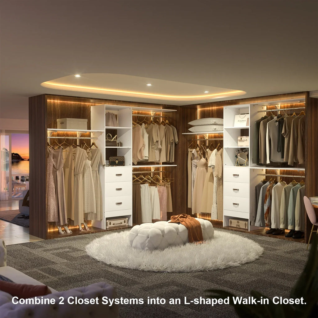 Homieasy 96 Inches Closet System, 8FT Walk In Closet Organizer with 3 Shelving Towers, Heavy Duty Clothes Rack with 3 Drawers, Built-In Garment Rack, 96" L x 16" W x 75" H, White