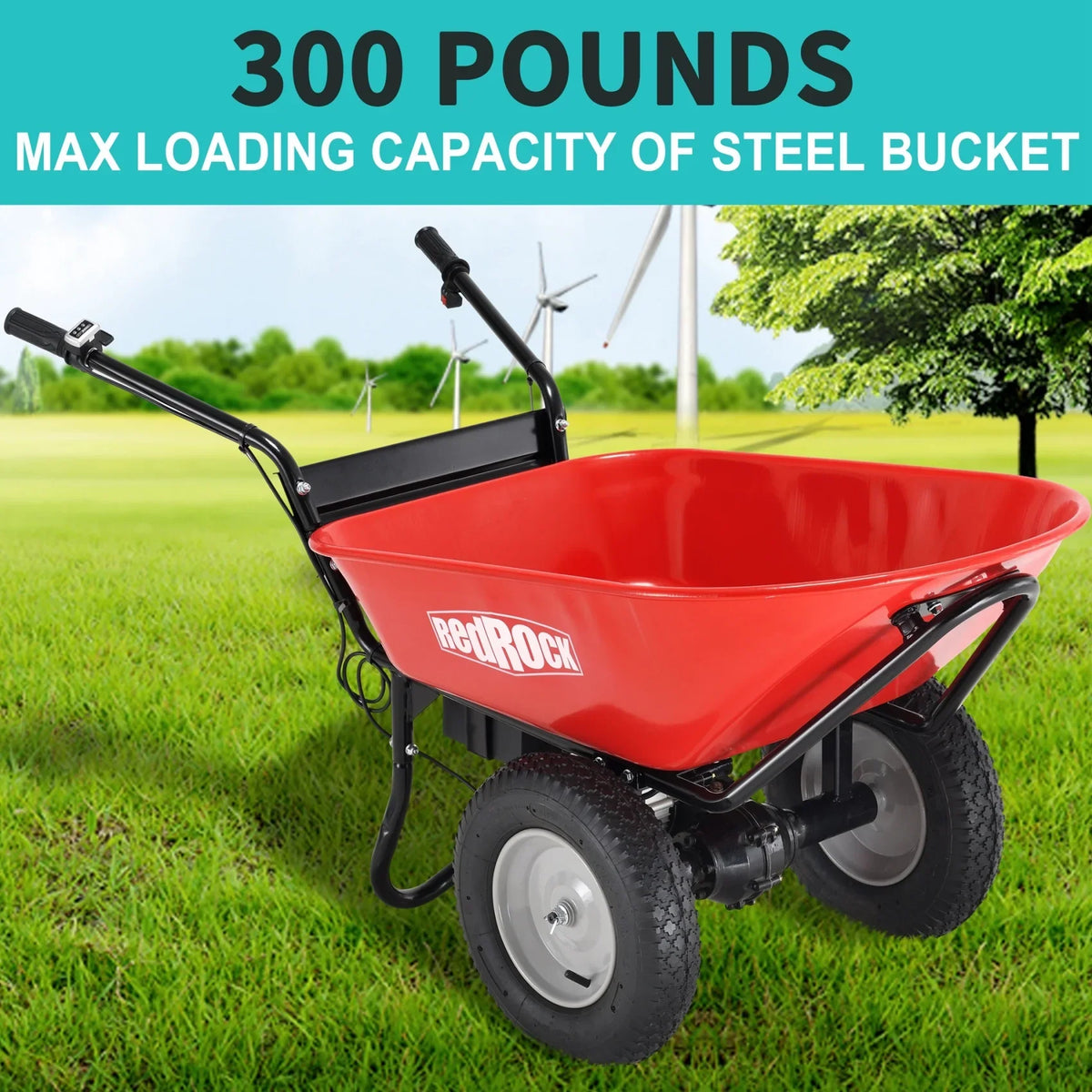 RedRock Electric Wheelbarrow 24V AGM Battery 330lbs Capacity Yard Work & Construction Debris Hauler with Speed Control and Pneumatic Tires