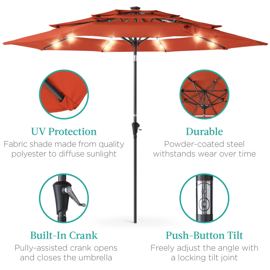 Best Choice Products 10ft 3-Tier Solar Patio Umbrella w/ 24 LED Lights, Tilt Adjustment, Easy Crank - Tan