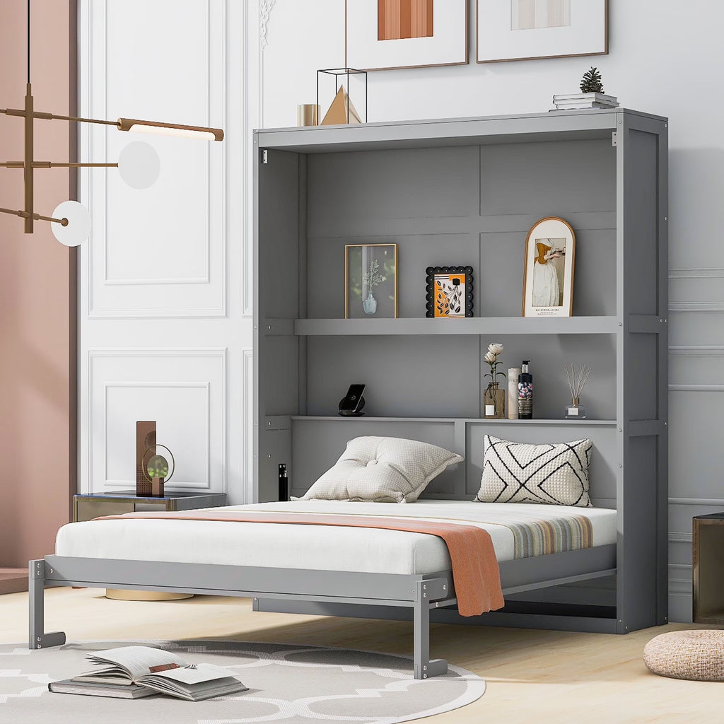 Harper & Bright Designs Full Size Murphy Bed with Shelves, Foldable Wall Bedframe w/Flexible Slats Support, Space-Saving Design, Can Be Folded Into Cabinet, White