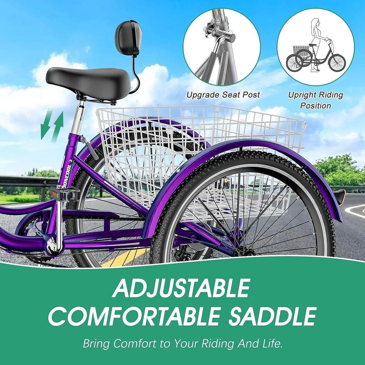 MOONCOOL Adult Tricycles with Rear Basket & Inflator, 24 26 inch 7 Speed 3 Wheel Bikes, Three-Wheeled Bicycles Adult Trike with Backrest for Seniors, Women, Men