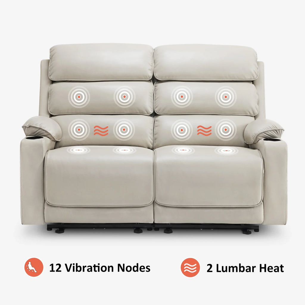 MCombo 63.4" Power Loveseat Recliner Sofa with Adjustable Headrest, Heat and Massage for Living Room, Faux Leather(Light Grey)