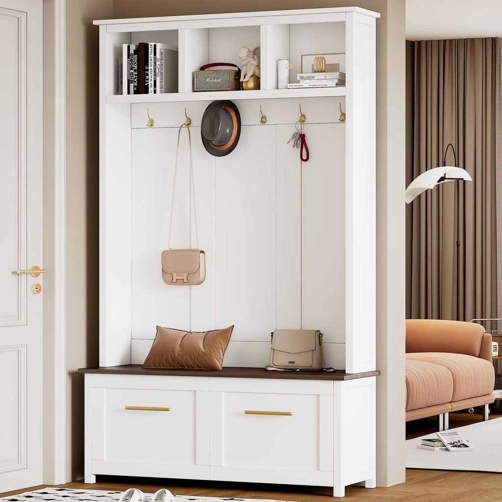 Harper & Bright Designs Farmhouse Hall Tree with Bench and Shoe Storage, Mudroom Bench with Coat Rack and Adjustable Shelves for Hallway, Living Room, White