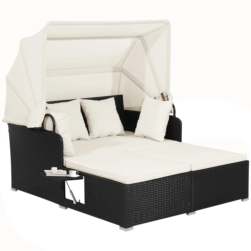Costway Patio Rattan Daybed Lounge Retractable Top Canopy Side Tables Cushions Red