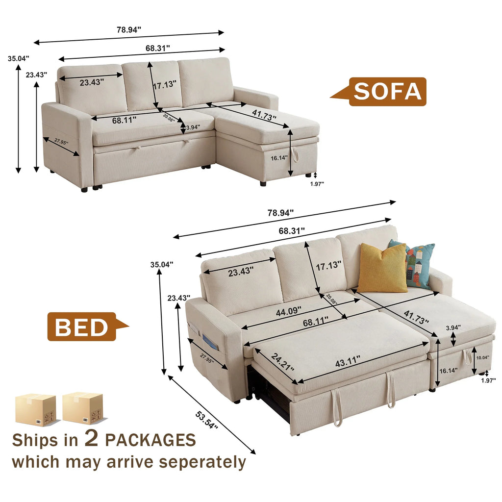 Pingliang Home Pull Out Sleeper Sofa Bed Sectional Sofa with Storage Chaise,L Shaped Sectionals Couches with Side Pockets,Modern Linen Reversible Sofa Couch for Living Room Apartment Office Studio