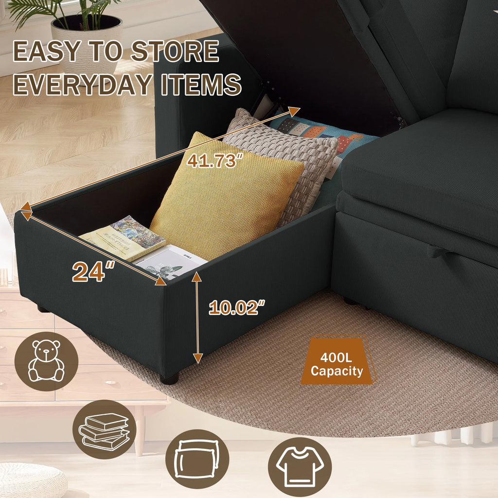 Pingliang Home Pull Out Sleeper Sofa Bed Sectional Sofa with Storage Chaise,L Shaped Sectionals Couches with Side Pockets,Modern Linen Reversible Sofa Couch for Living Room Apartment Office Studio