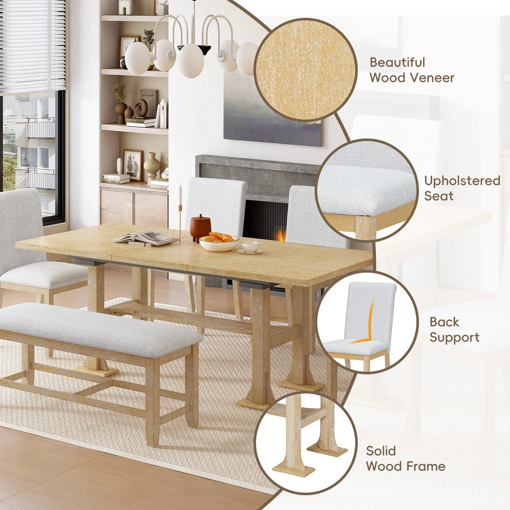 6 Piece Extendable Dining Table Set, Atumon Wood Dining Room Set for 6, Dining Table Set with 4 Cushioned Chairs and Bench, Farmhouse Dining Table Set Furniture for Kitchen Dining Room, Dark Brown