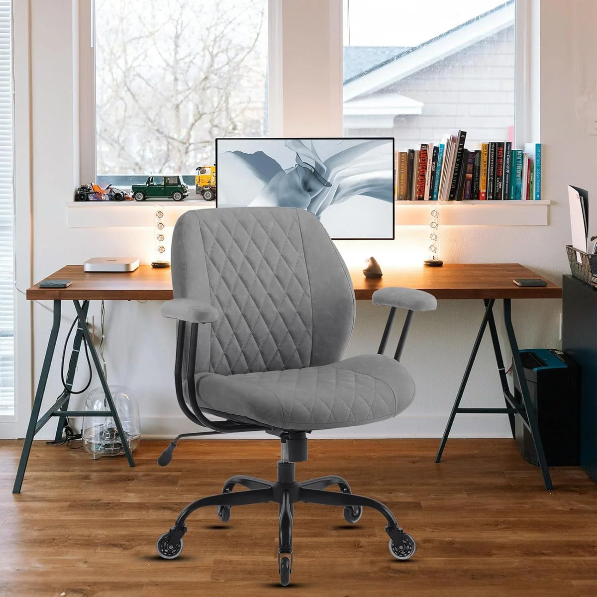 QW Home Office Desk Chair Office Rubber Casters Ergonomic Computer Chair with Lumbar Support Adjustable Height Rolling Swivel Executive Task Armrests Chair. Brown Leather