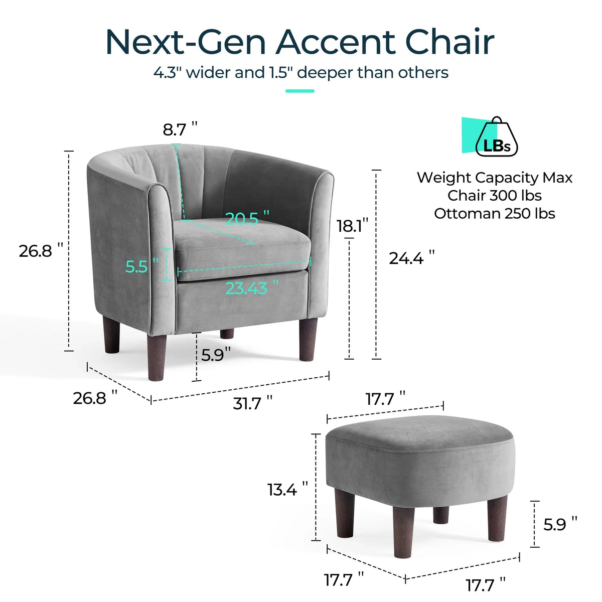 LINSY HOME Chenille Accent Chair with Ottoman for Living Room, Dark Gray