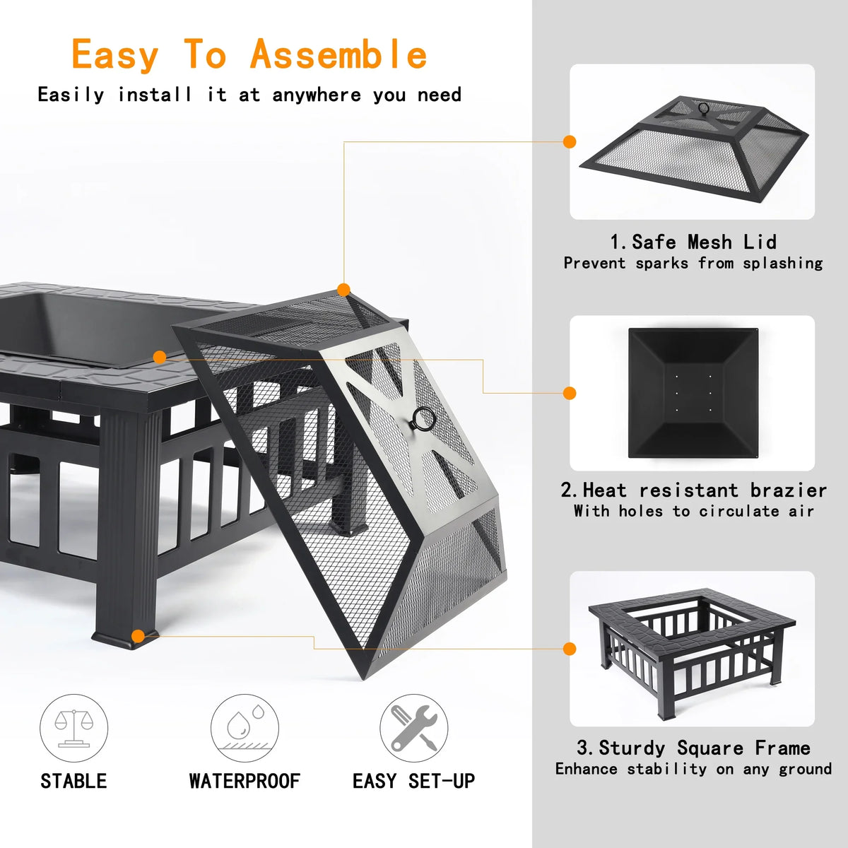 Wood Burning Fire Pits for Outside, 32" Square Iron Fire Pit Backyard Patio Garden Stove Wood Burning Fire Pit w/ Mesh Screen Lid, Wood Grate, Poker, Durable Fire Pit, Q5946