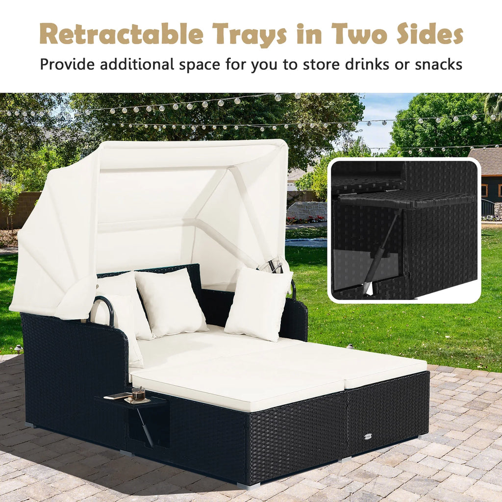 Costway Patio Rattan Daybed Lounge Retractable Top Canopy Side Tables Cushions Red