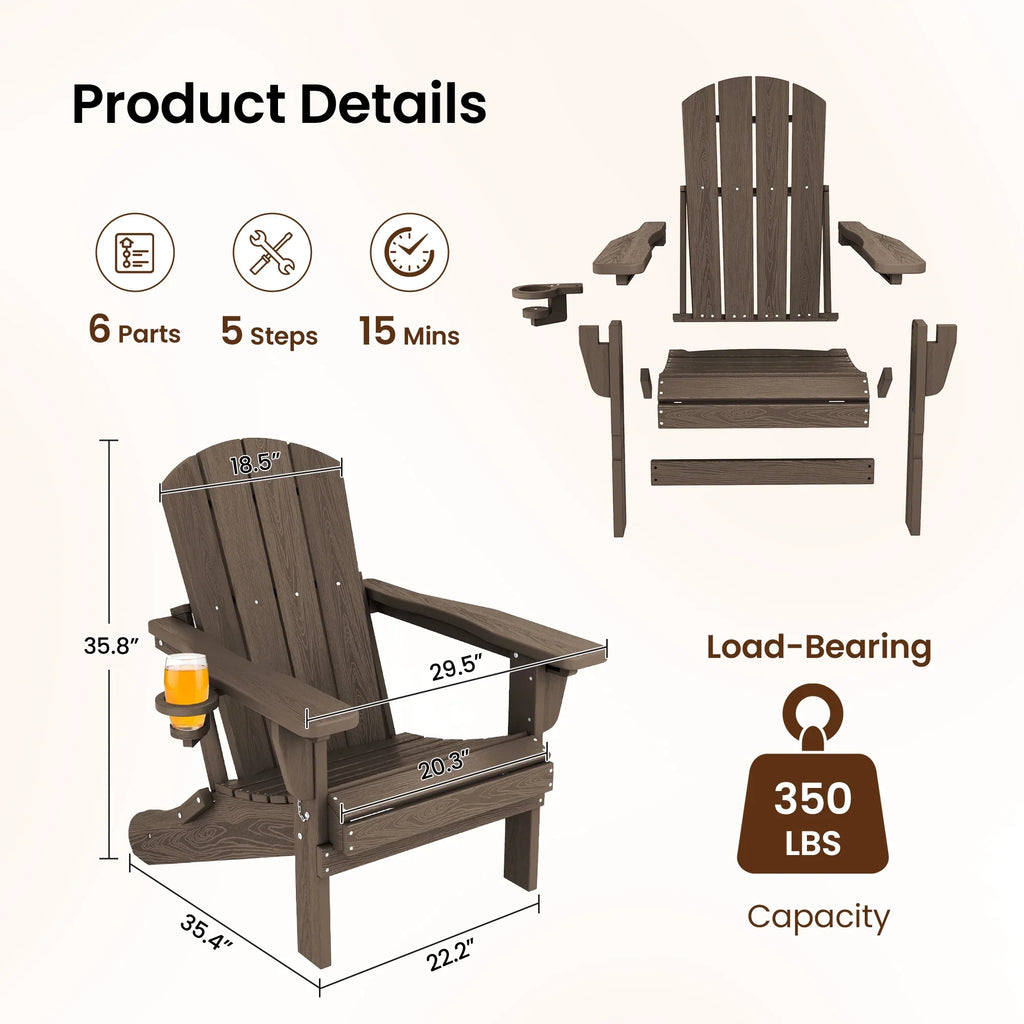 SERWALL Outdoor Adjustable Folding HDPE Adirondack Chairs Set of 2 with Cup Holder, Gray