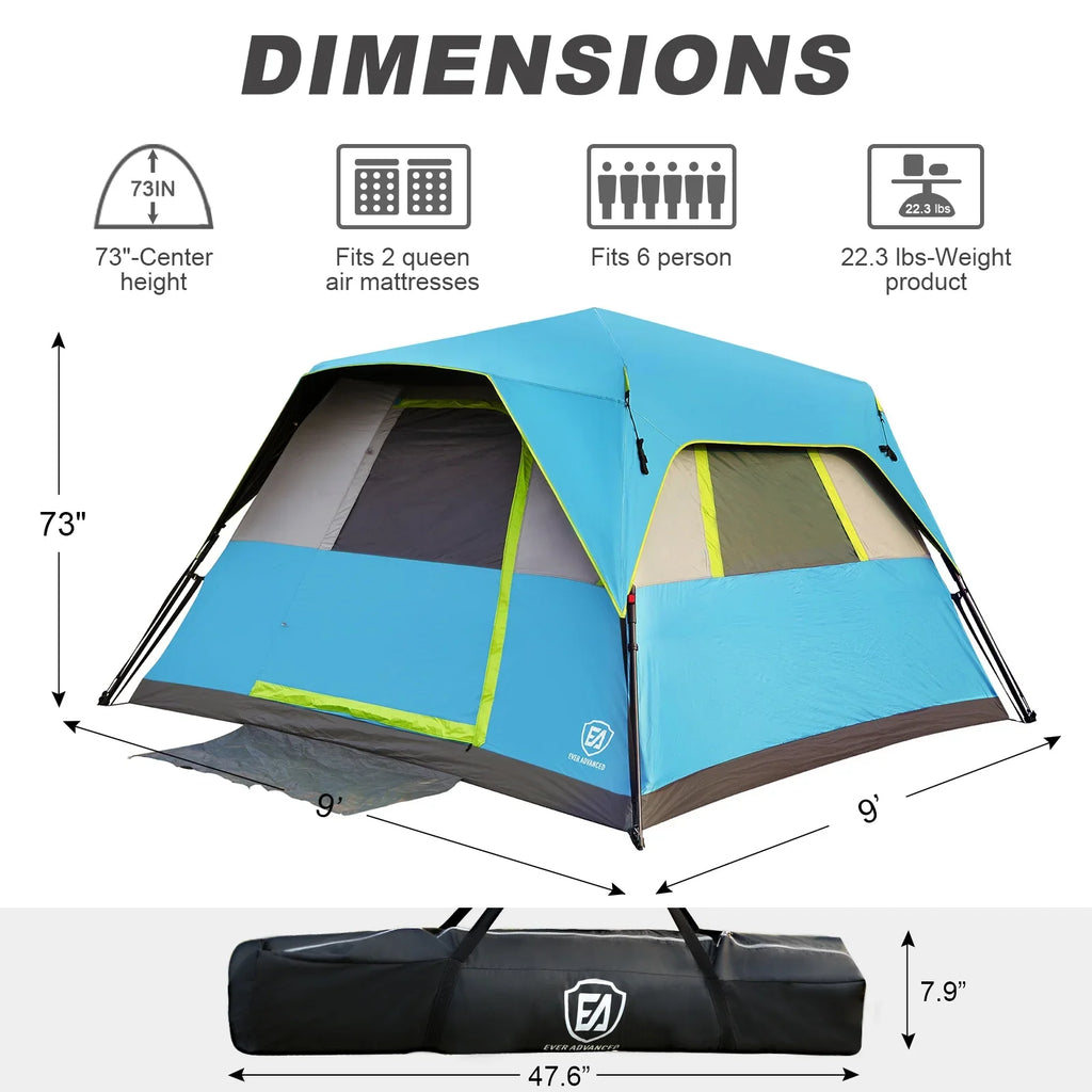 EVER ADVANCED 6 Person Blackout Camping Tent, Instant Family Tents, 60 s Quick Setup, Water-Resistant, Blue