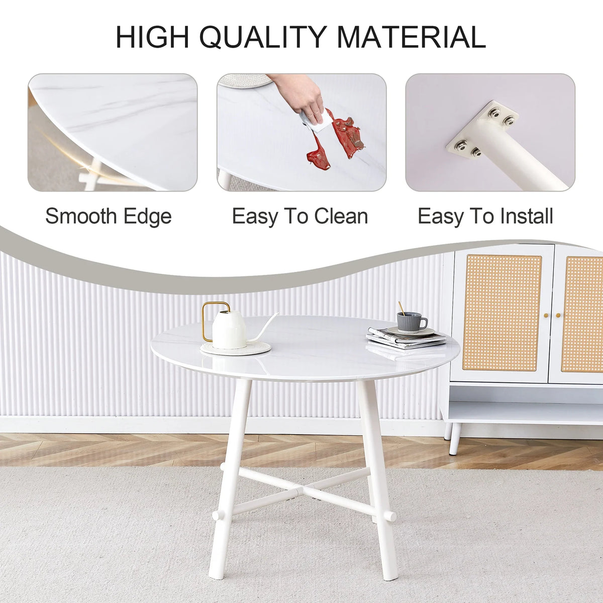 PORKISS Round Dining Table for 4 People, Wood Kitchen Dining Table with Metal Legs, Modern Dining Room Tables for Kitchen Living Room, White #2