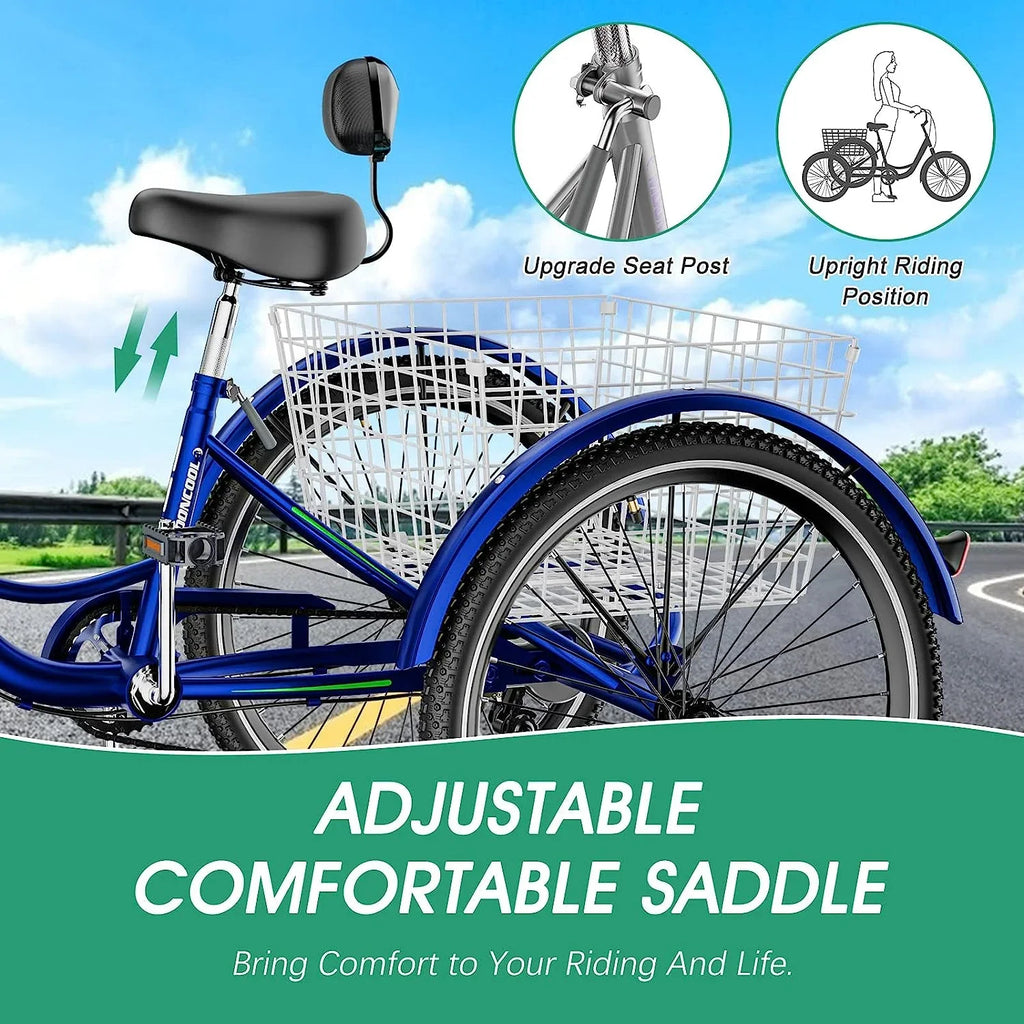 MOONCOOL Adult Tricycles with Rear Basket & Inflator, 24 26 inch 7 Speed 3 Wheel Bikes, Three-Wheeled Bicycles Adult Trike with Backrest for Seniors, Women, Men