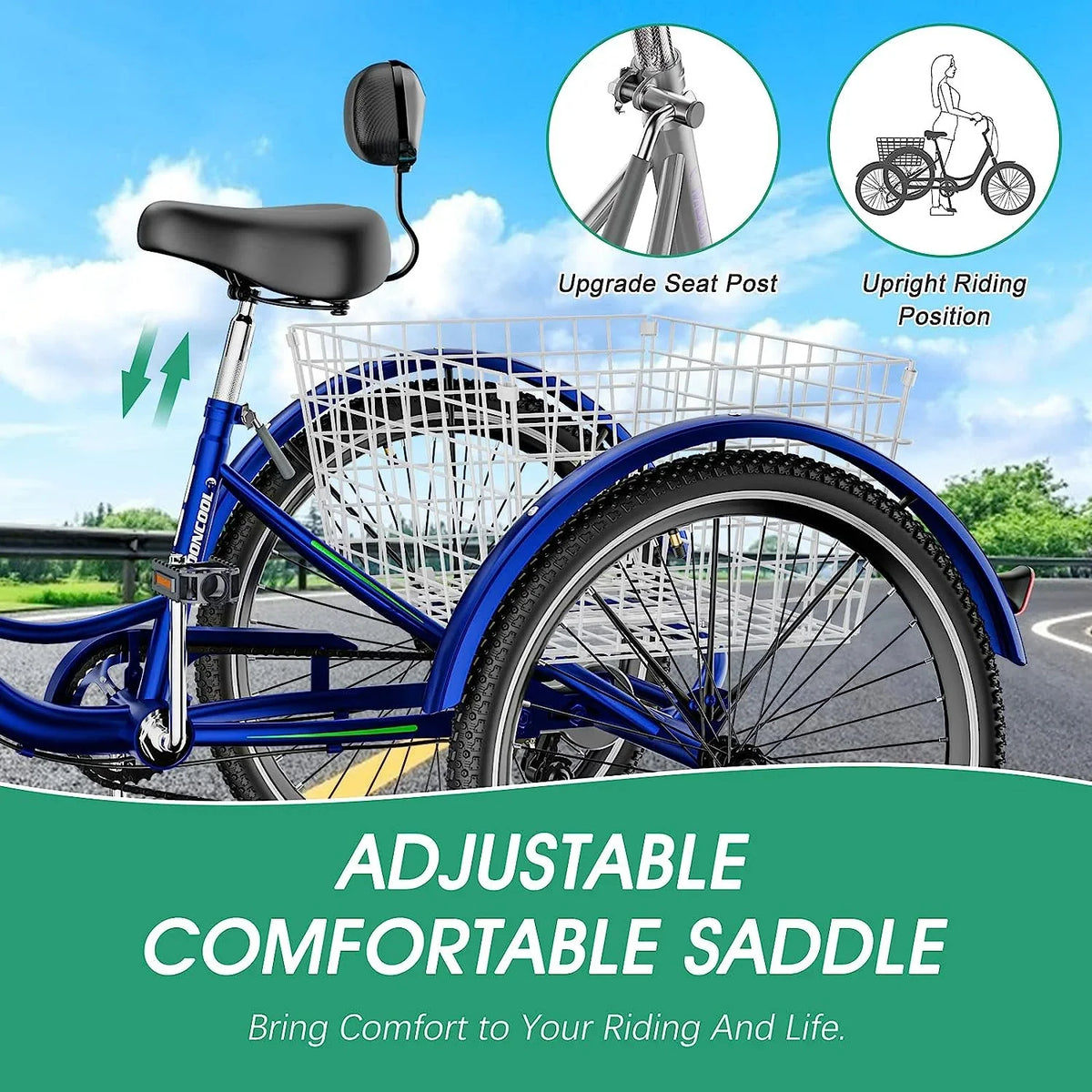 MOONCOOL Adult Tricycles with Rear Basket & Inflator, 24 26 inch 7 Speed 3 Wheel Bikes, Three-Wheeled Bicycles Adult Trike with Backrest for Seniors, Women, Men