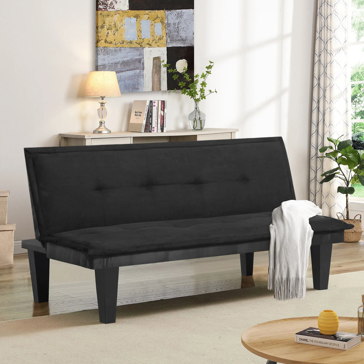 Black Futon Sofa Bed,Modern Faux Suede Convertible Sofa Bed with 3 Adjustable Backrest Angles,Loveseat Sleeper Couch for Living Room Apartment Furniture