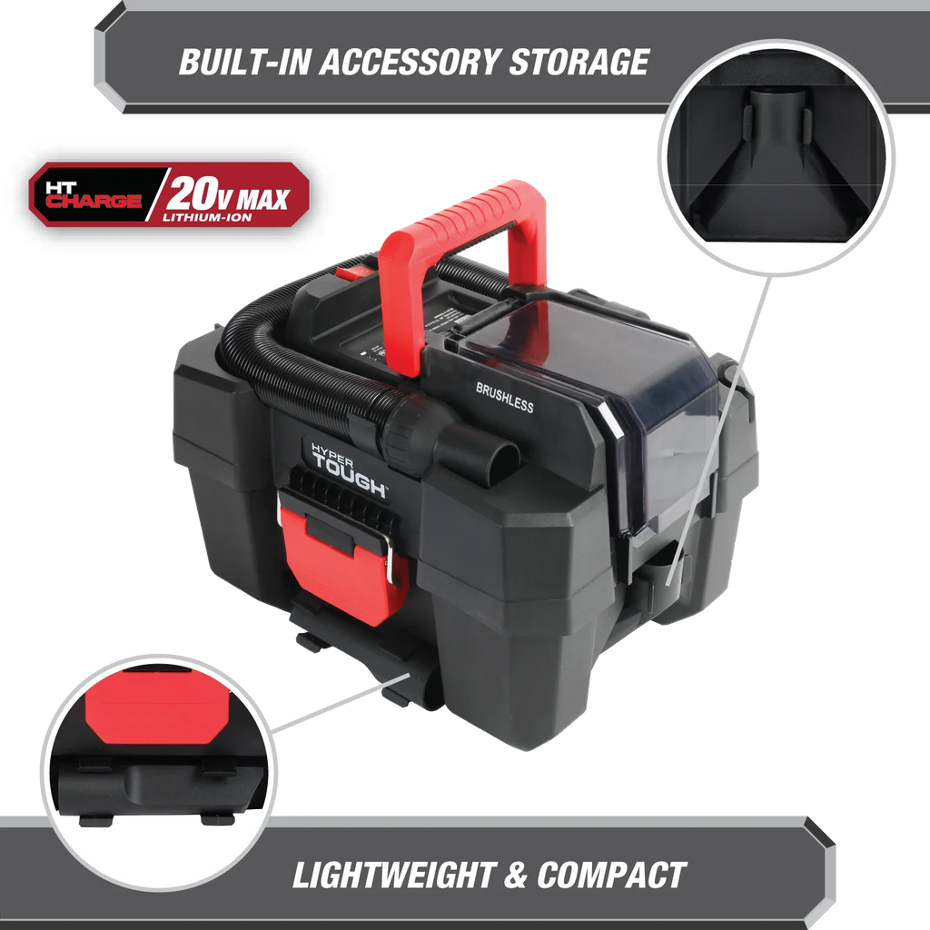 Hyper Tough 1.5 Gallon Wet Dry Vac, 20V Max, Brushless Motor, Cordless, Battery and Charger Included