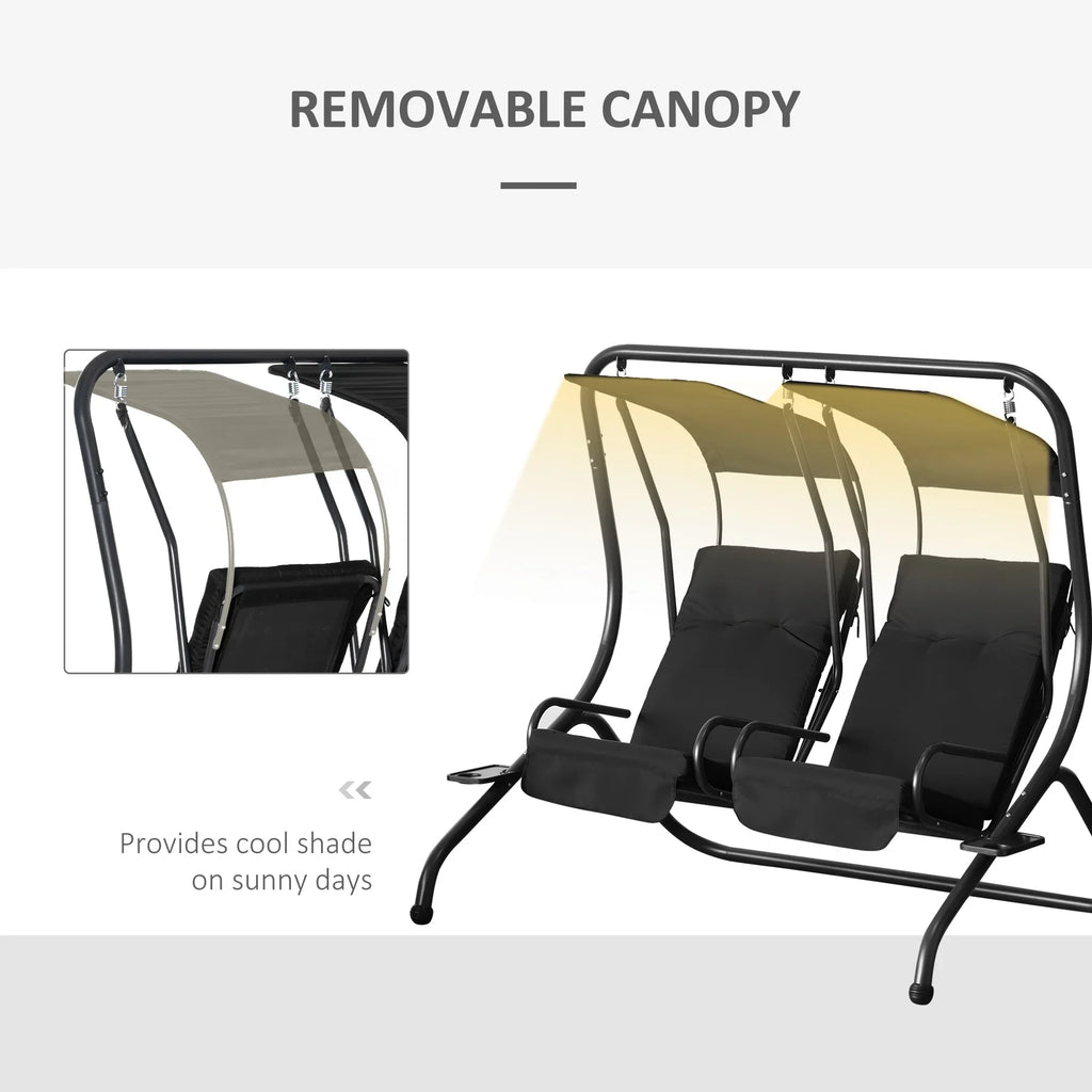Outsunny 2-Seat Modern Steel Canopy Porch Swing with Cup Holder and Cushions, Beige/Black