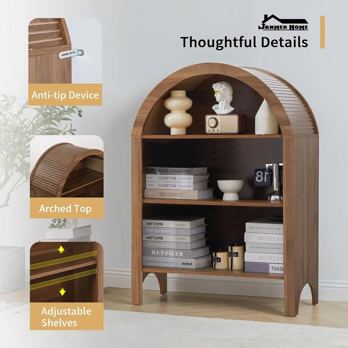 LEFHDA Small Kids Arched Bookshelf, Modern 3-Tier Open Bookshelf, Wood Freestanding Arched Bookcase with Adjustable Shelves, Covered Rounded Top Display Cabinet (Walnut)