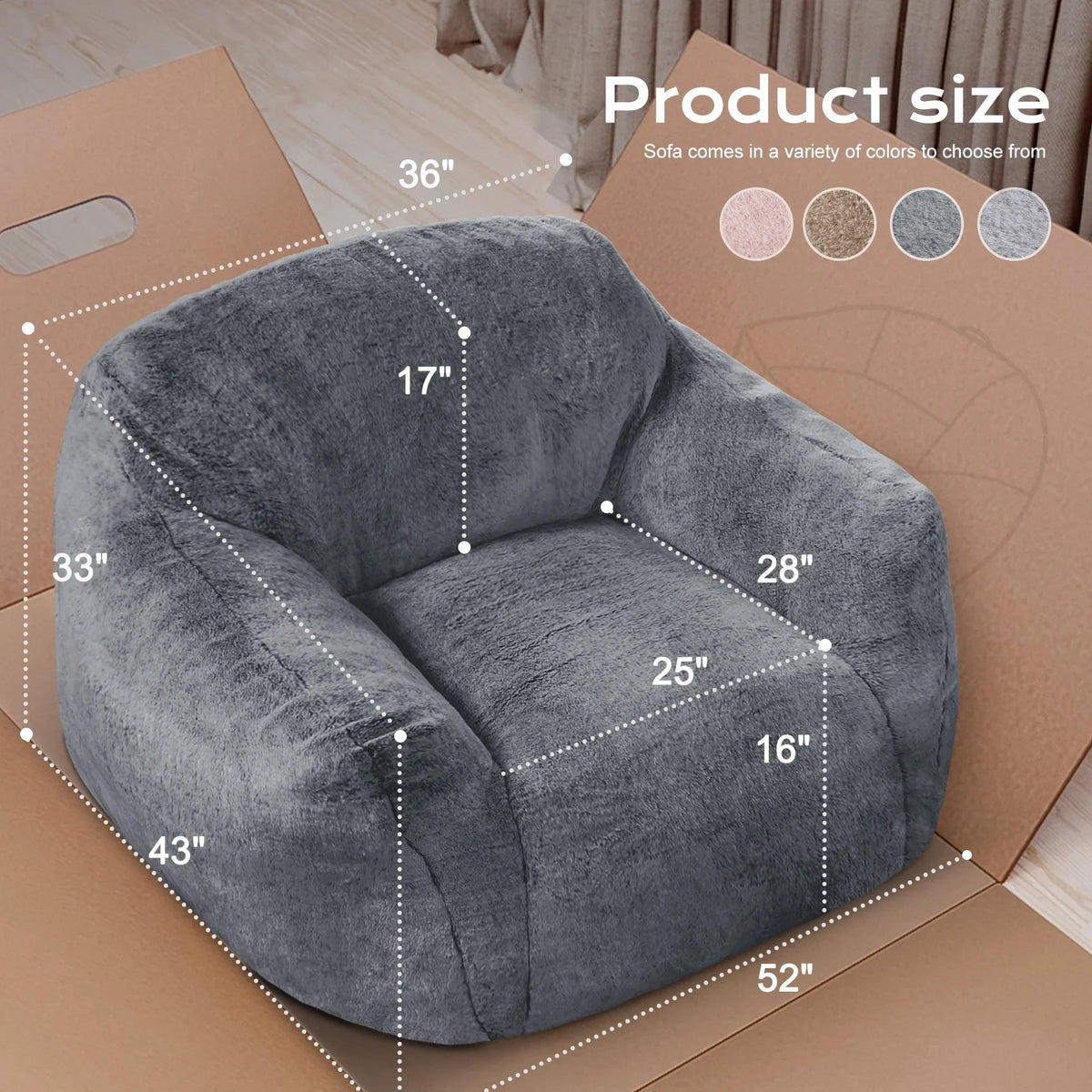 HOMGUAVA Giant Bean Bag Chair for Adults & Kids, Oversized Lounger Couch Large Lazy Chair w/ Stuffed Memory Foam & Wide Armrests, Light Gray