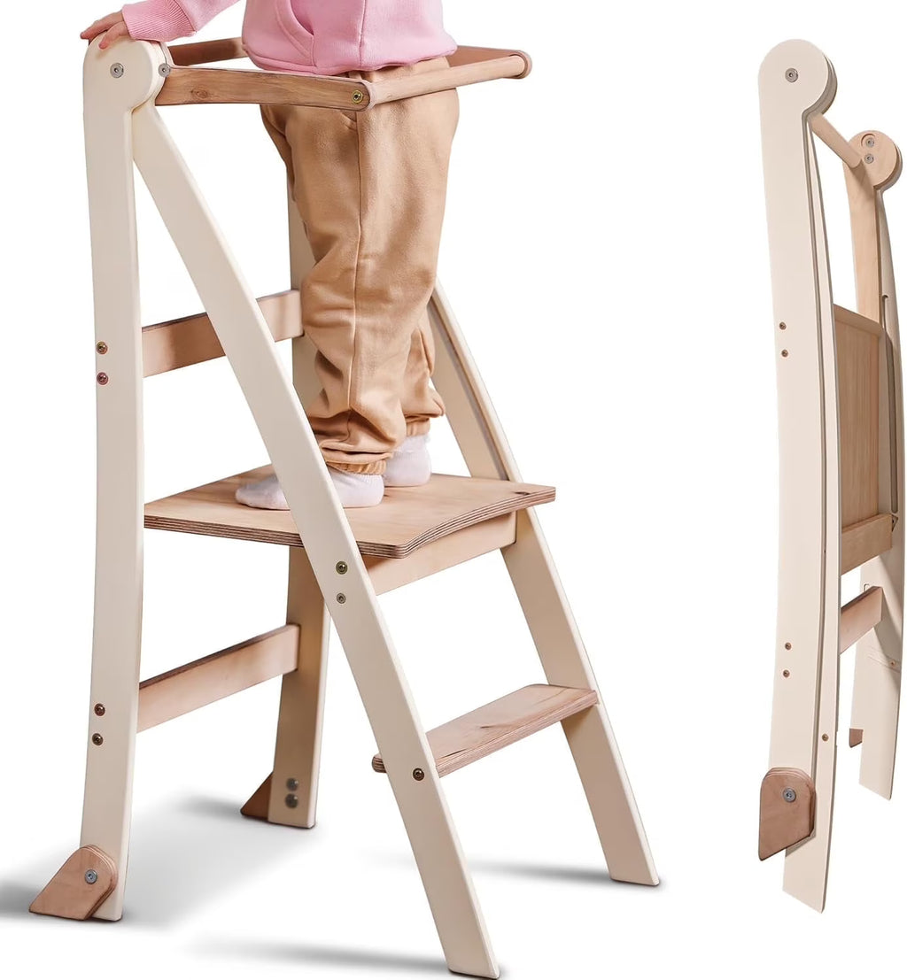 Folding Wooden Kitchen Standing Stool for Toddlers �C Safe & Compact Learning Step Stool, Ages 18 Months+