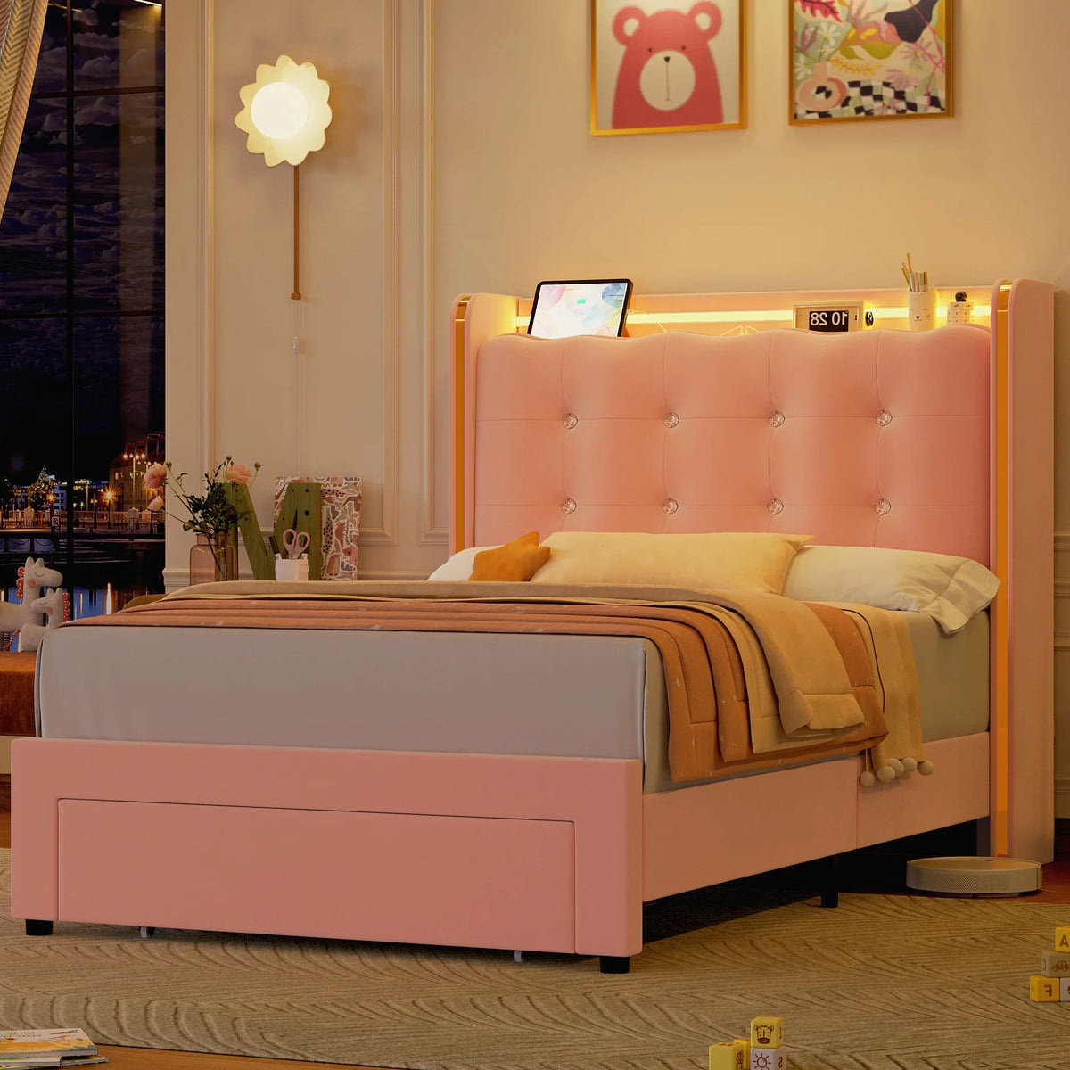 Homfa Twin Size LED Bed Frame with Drawer, Velvet Crystal Button Upholstered Platform Bed Frame with Outlets and USB Ports & Display Platform, No Box Spring Needed, Pink