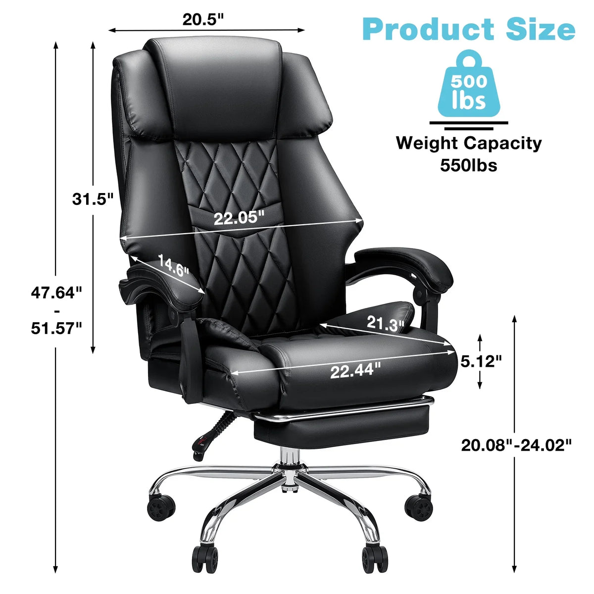 Hoffree Executive Office Chair Big and Tall Office Chair with Footrest Reclining Leather Chair High Back Ergonomic Computer Desk Chair with Lumbar Back Support for Home Office 500lbs, Black