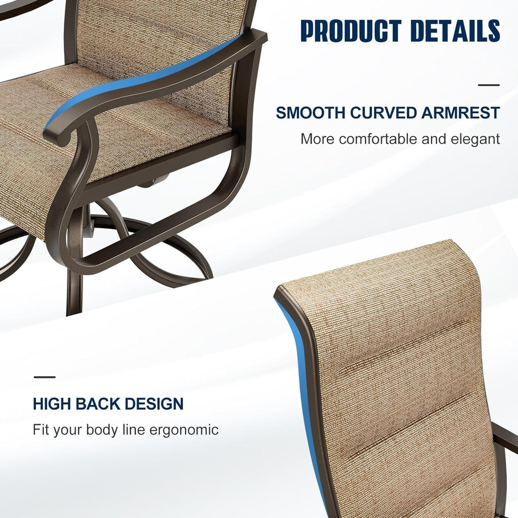 Techmilly Patio Swivel Chairs Set of 2, Outdoor Dining Chairs High Back Padded All Weather Breathable Textilene Outdoor Swivel Chairs with Metal Rocking Frame for Lawn Garden Backyard Deck, Dark Grey
