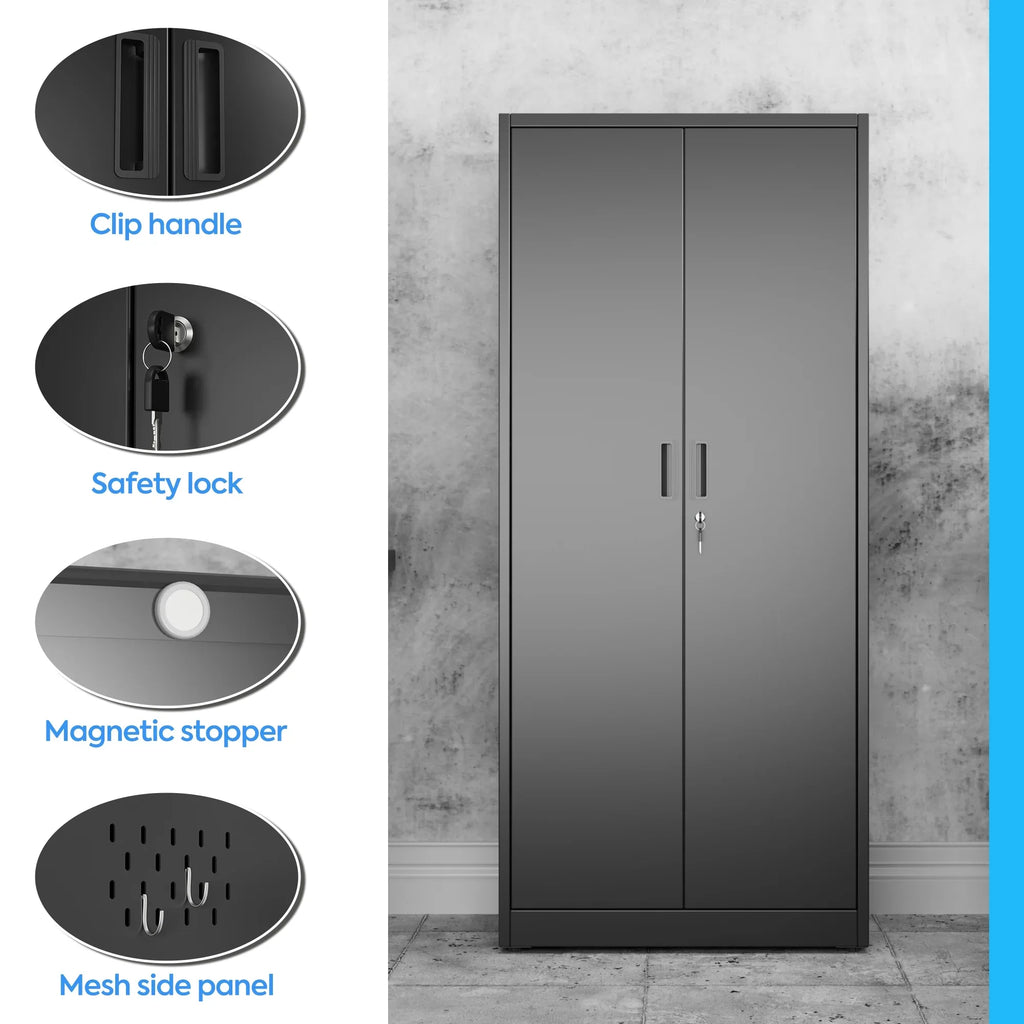 GAEANET 2 Door Metal Storage Cabinet with 5 Adjustable Shelves &Pegboard, 71" H"32" W"16" D Locking Steel Garage Cabinet, for Garage,Office,Home,Gym,School, File Cabinet,Assembly Required, Black