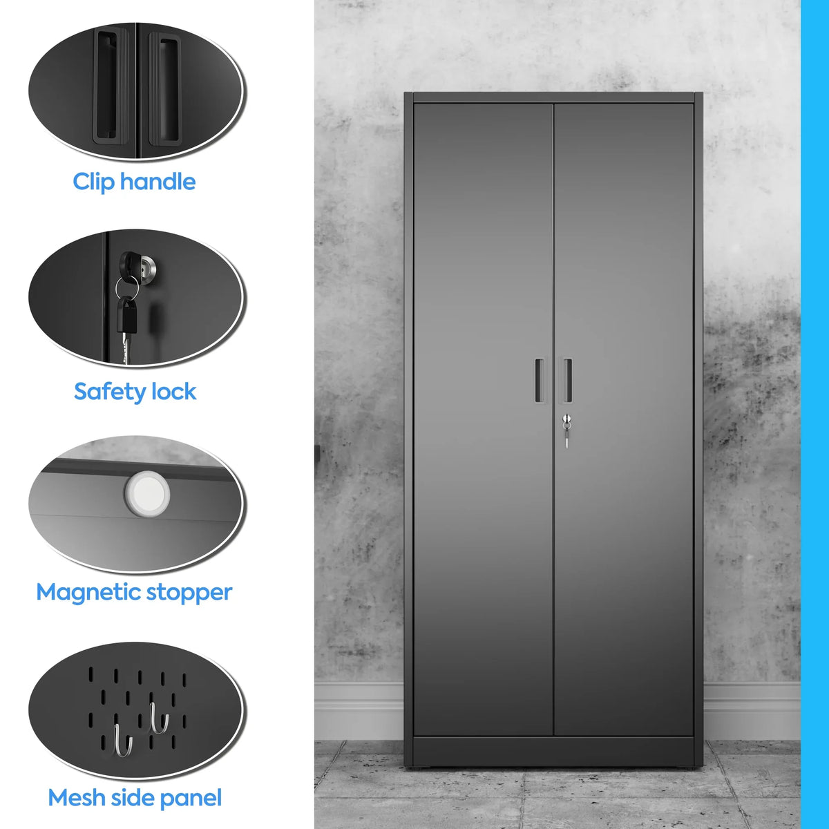 GAEANET 2 Door Metal Storage Cabinet with 5 Adjustable Shelves &Pegboard, 71" H"32" W"16" D Locking Steel Garage Cabinet, for Garage,Office,Home,Gym,School, File Cabinet,Assembly Required, Black