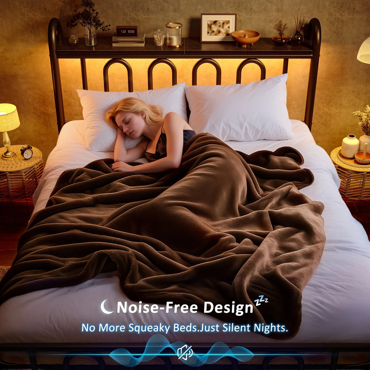 EnHomee Queen Size Metal Platform Bed Frame with Headboard Metal Bed Frame with LED Lights Queen Bed Frame with Underbed Storage,Black