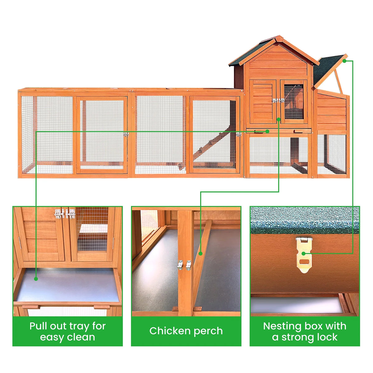 Pefilos 112" Large Outdoor Wooden Chicken Coop with Run, Slide-Out Tray, Rabbit Hutch Poultry Cage, Hen House with Nest Box, Gray