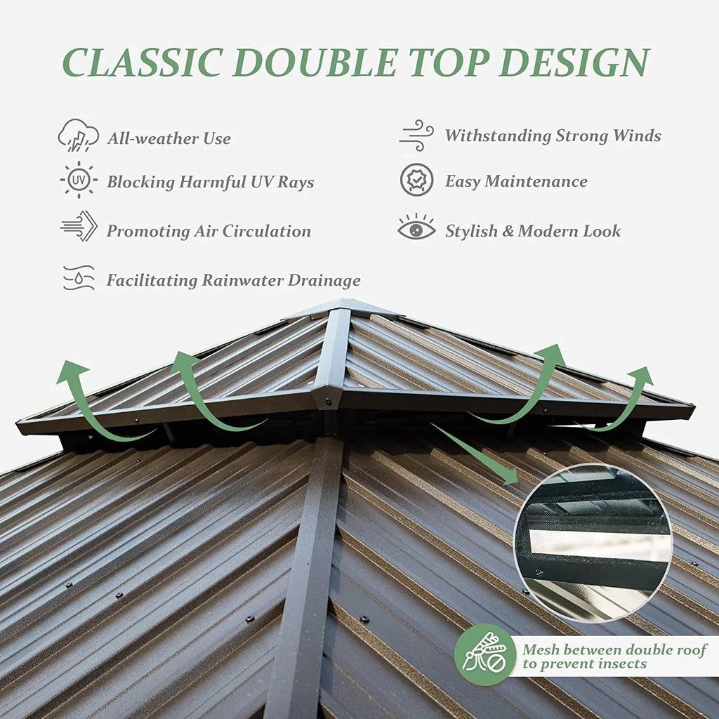 Domi 12x20 ft Wood Gazebo, Cedar Wood Frame Hardtop Gazebo with Galvanized Steel Double Roof, Outdoor Gazebo with Netting and Curtains, Patio Gazebo Pergola Pavilion for Patio, Backyard, Deck, Lawns