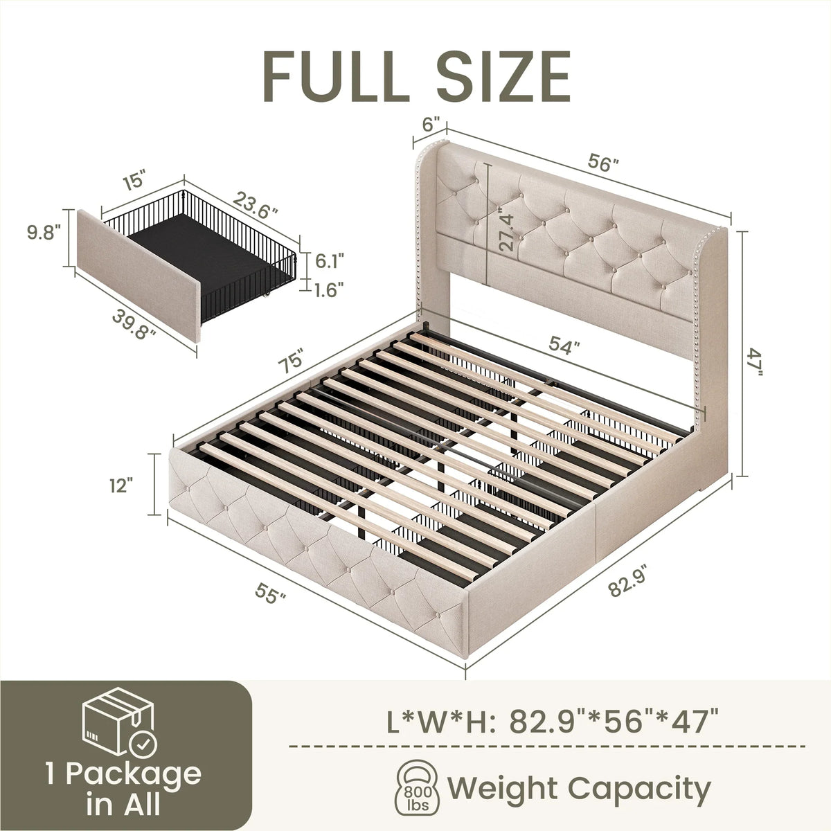 LARMACE Queen Size Platform Bed Frame with 4 Storage Drawers and Tufted Headboard Linen Upholstered Bed Wingback Bed Frame with Wooden Slats Support, Easy Assembly, Light Grey