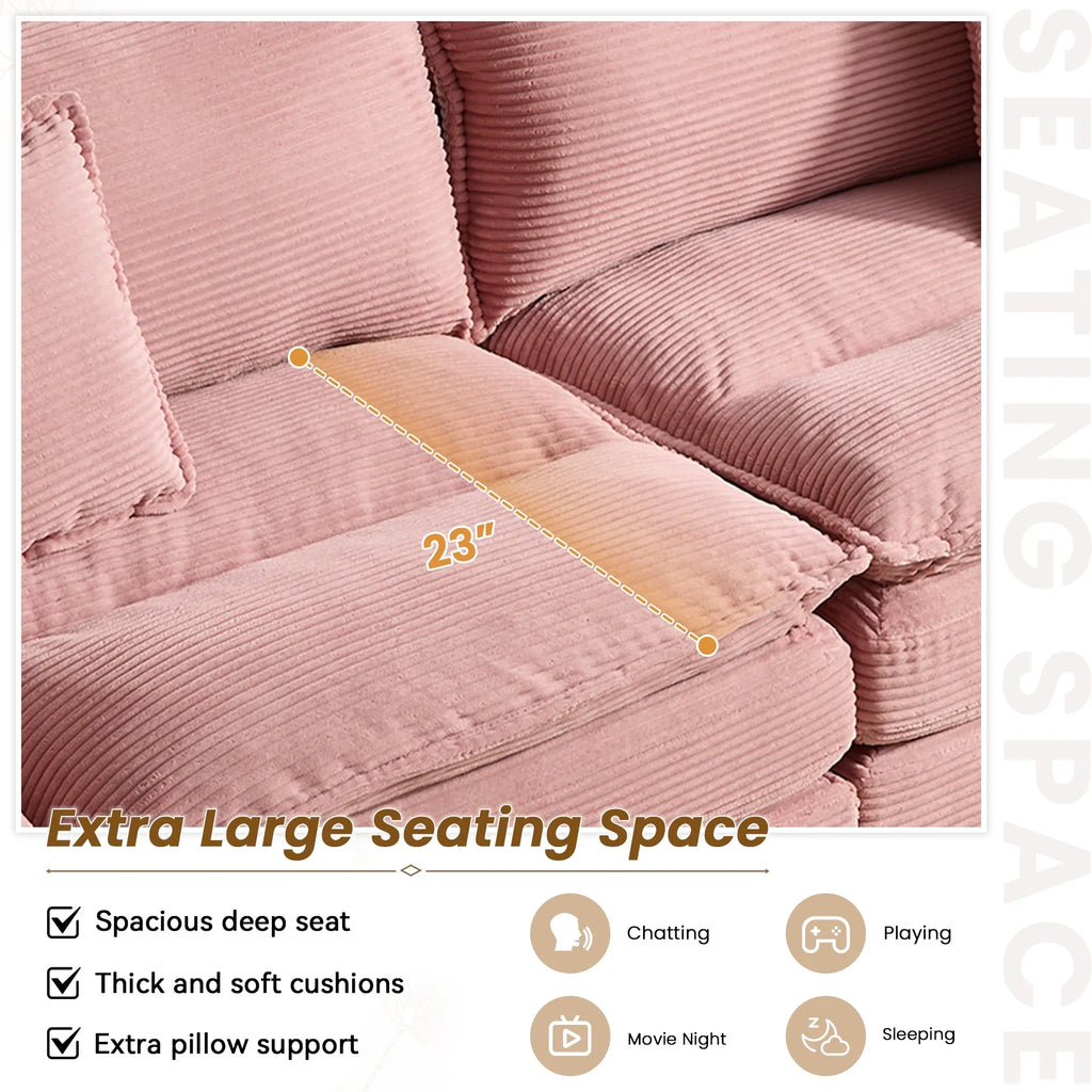 Dinosisco 84"L Deep Seat Sofa, Corduroy Upholstered Sleeper Couch for Living Room, Pink