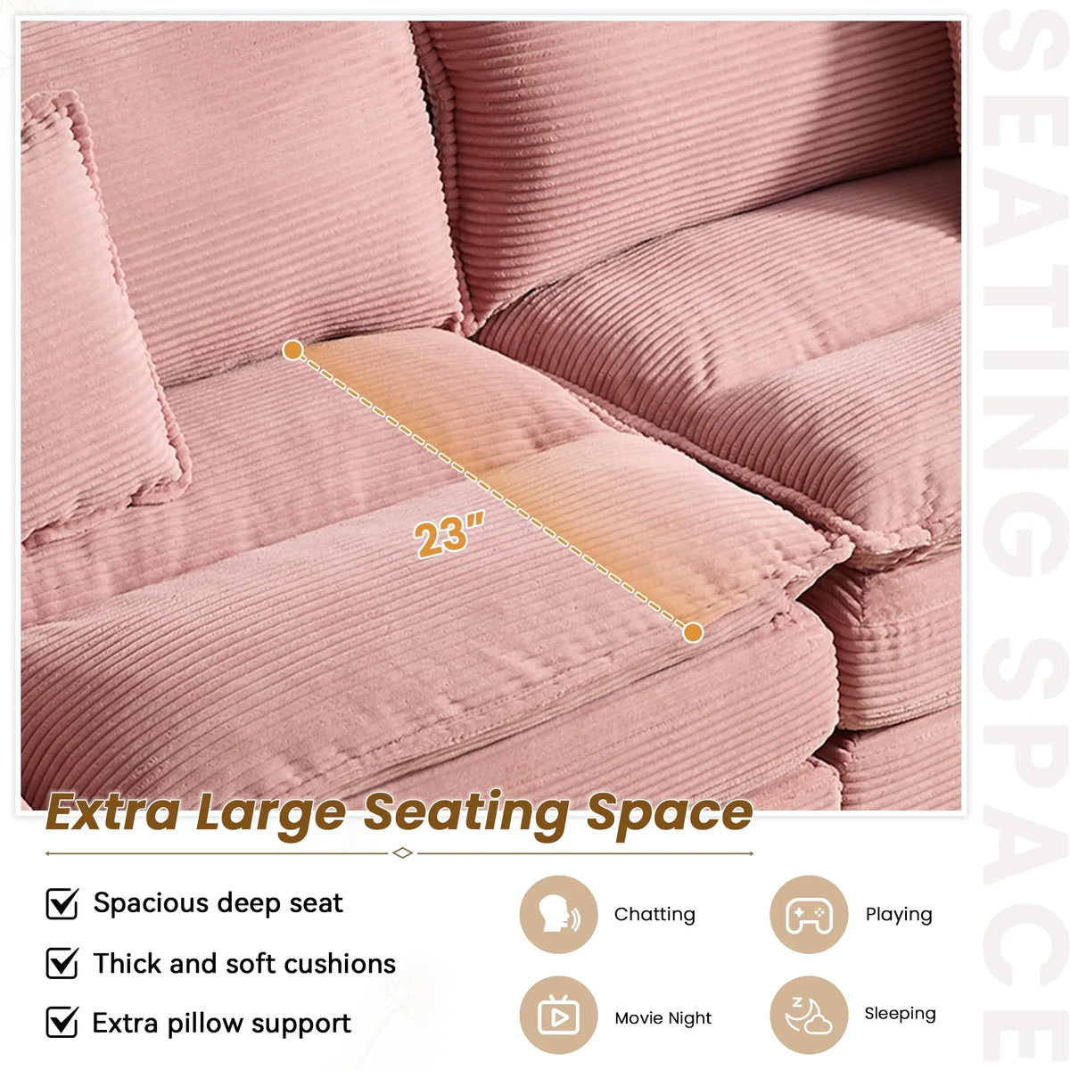 Dinosisco 84"L Deep Seat Sofa, Corduroy Upholstered Sleeper Couch for Living Room, Pink