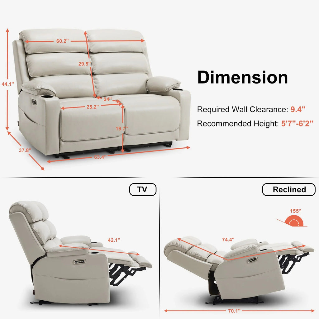 MCombo 63.4" Power Loveseat Recliner Sofa with Adjustable Headrest, Heat and Massage for Living Room, Faux Leather(Light Grey)