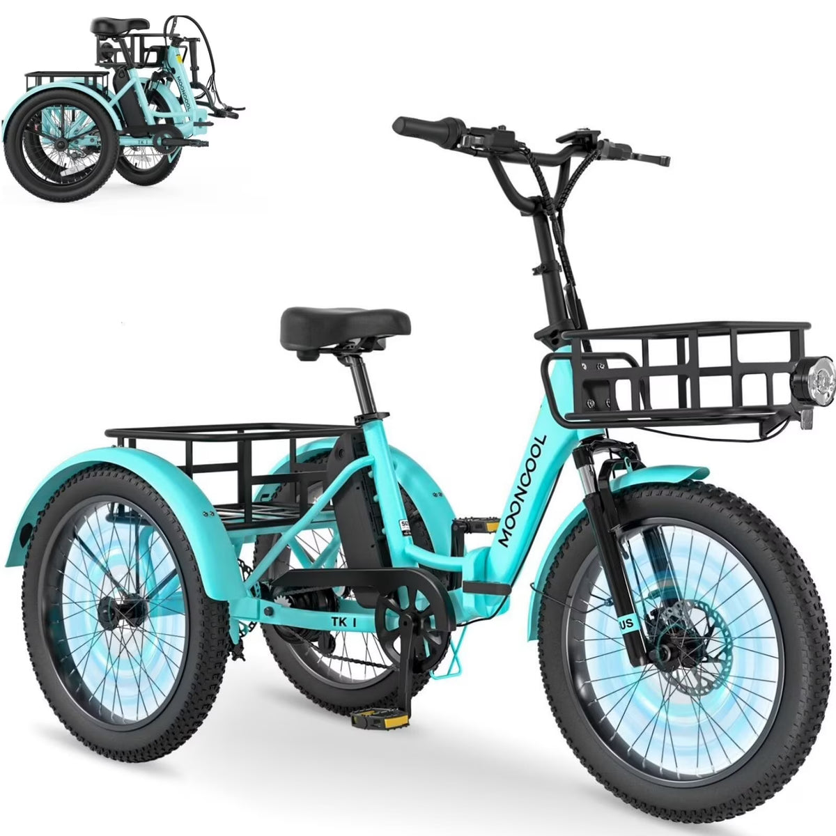 MOONCOOL TK1 Folding Electric Tricycle for Adults,48V 14.5Ah Removable battery, 500W"Peak 1000w"Motor, 20" Fat Tire Step-Thru 3Wheel Electric Bicycle w/Front&Rear Baskets, Certified to UL 2849 by SGS