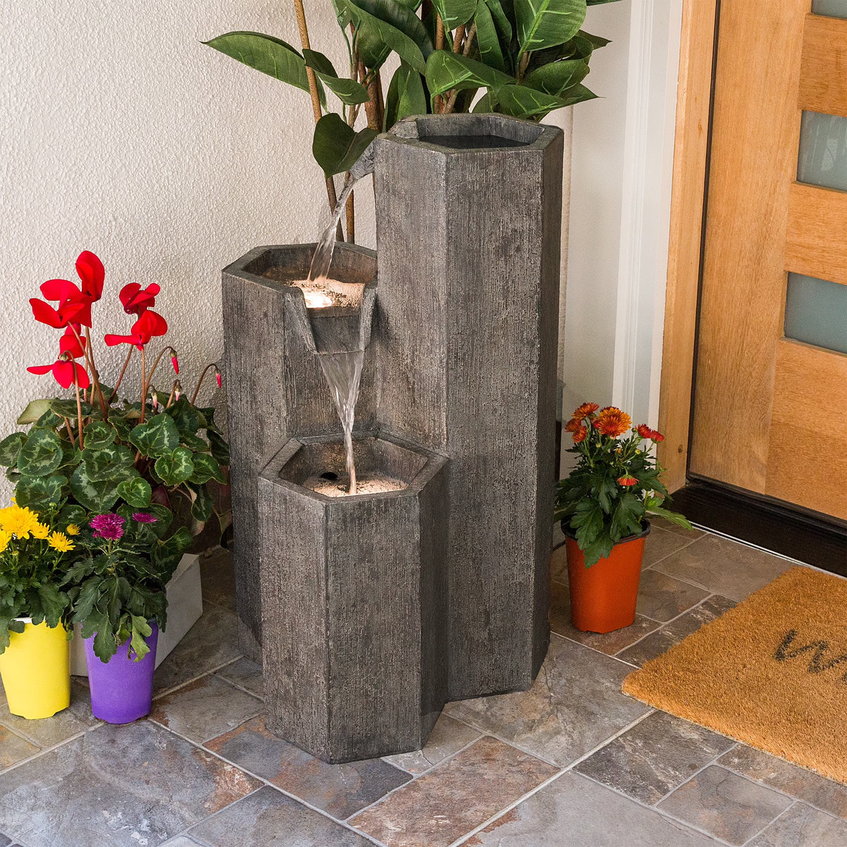 Alpine Corporation 25" Tall Modern 3-Tier Fountain for Indoor / Outdoor Yard Decor with LED Light