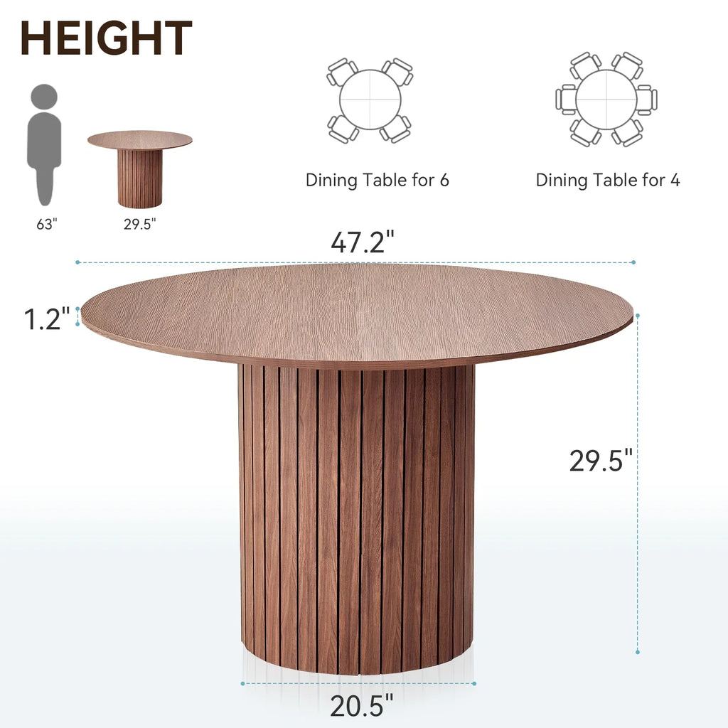 47 inches Modern Round Dining Table, Wood Kitchen Table for 4 with Two-part Tabletop and Wooden Strip Columns Base, Farmhouse Table for Kitchen, Dinning Room, Oak
