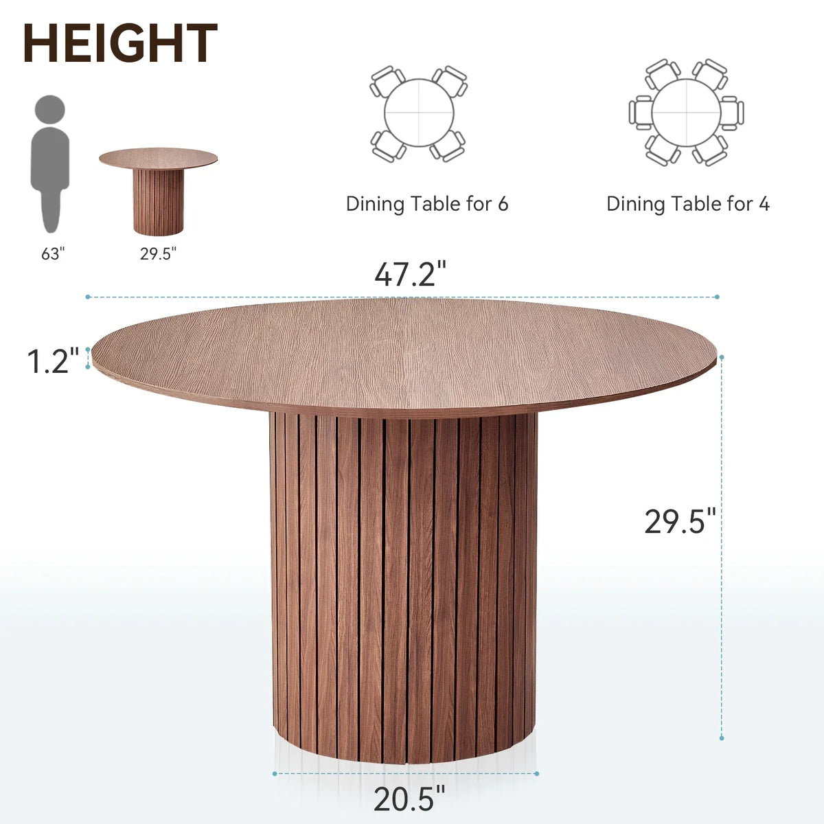 47 inches Modern Round Dining Table, Wood Kitchen Table for 4 with Two-part Tabletop and Wooden Strip Columns Base, Farmhouse Table for Kitchen, Dinning Room, Oak