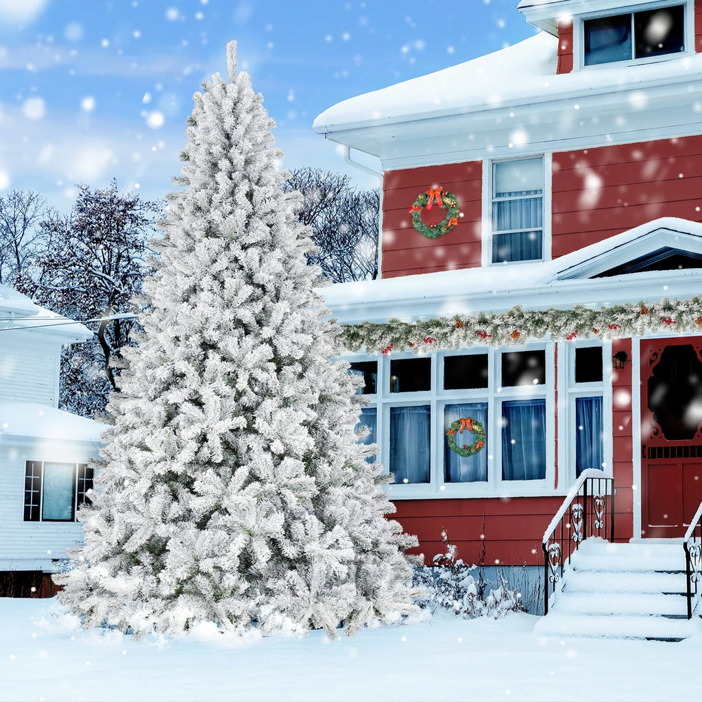 Qunler 9ft Snow Flocked Christmas Tree with 2028 Tips, Artificial Snowy Xmas Pine Tree with Reinforced Metal Base for Home Office Party Holiday Decorations,White(NO Light)