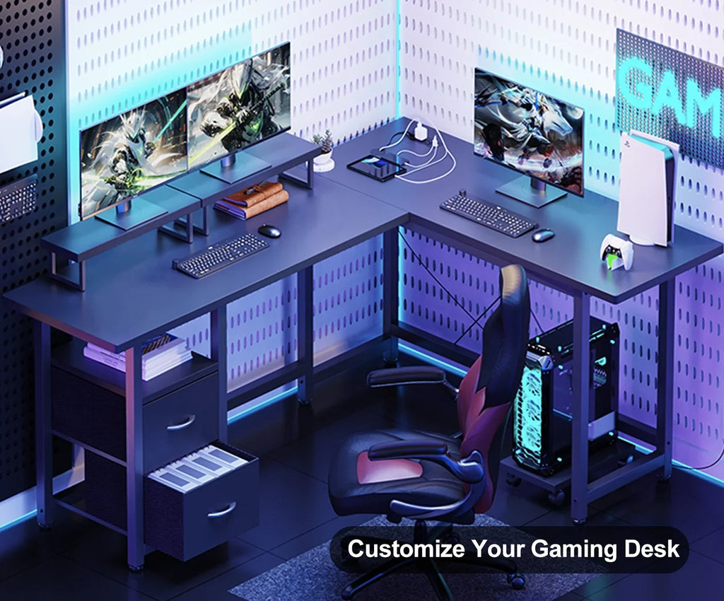 Lofka L Shaped Gaming Desk with Power Outlets, Computer Desk with Shelf and Drawers for Home /Office, Black