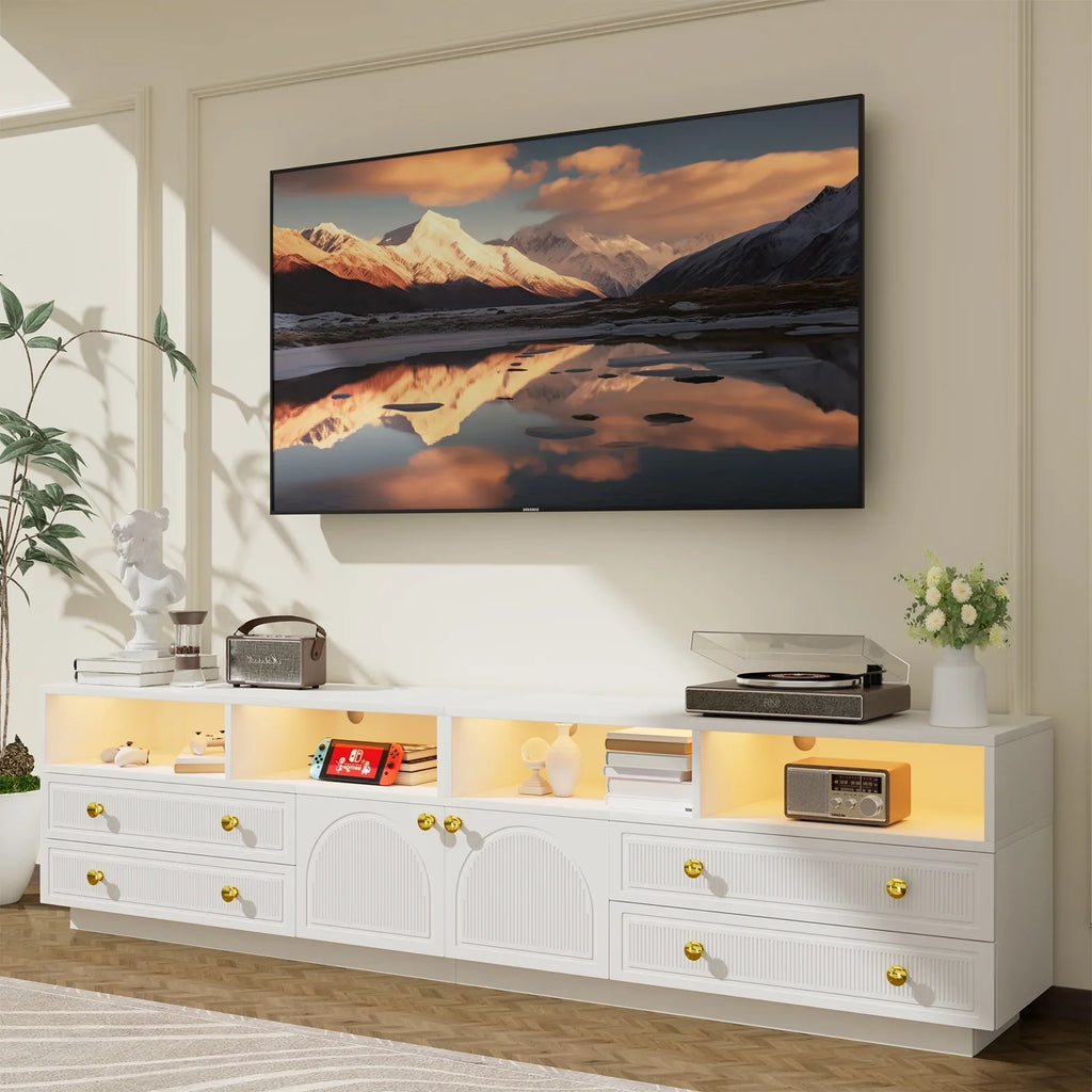 Planntonneo Mid-Century Modern Fluted TV Stand Wooden Media Console Entertainment Center for Living Room, Walnut Color